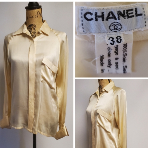 CHANEL Tops - VINTAGE 80'S CHANEL CreamFrench Cuff Button Down 100% Silk Blouse Size 38 Small